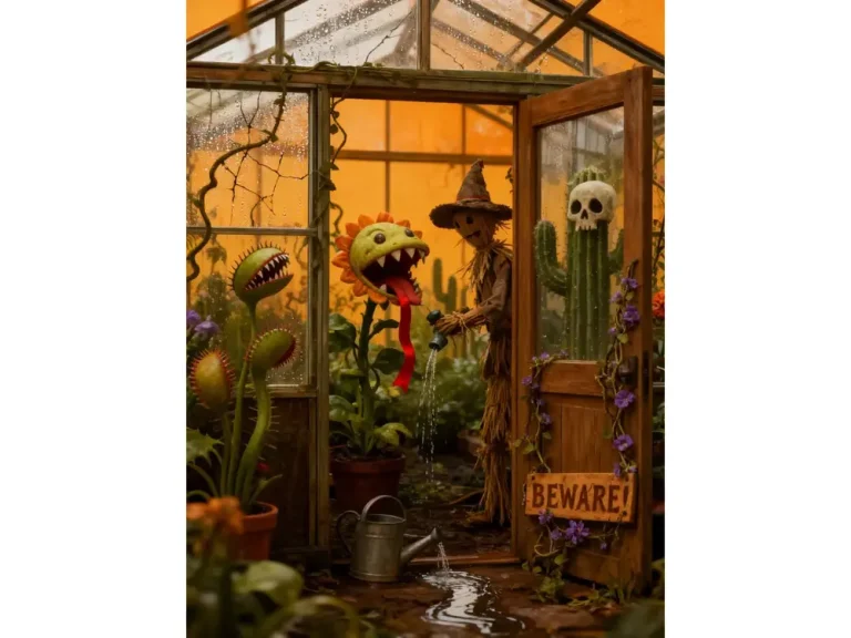 Halloween decorations art print of spooky greenhouse with scarecrow and carnivorous plants.