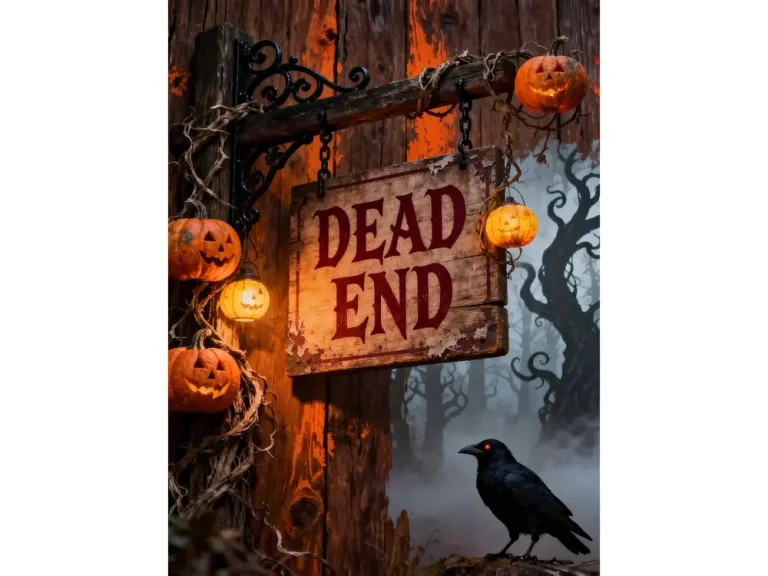 Dead End halloween decorations decoration art print with pumpkins, glowing lanterns, and raven in spooky forest.