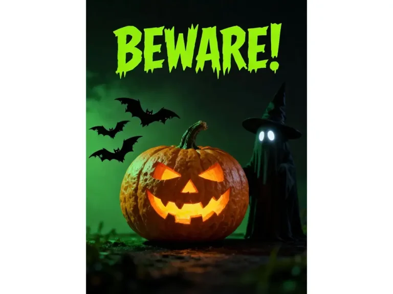 Beware Halloween decorations art print with glowing jack-o’-lantern and ghost figure in green lighting.