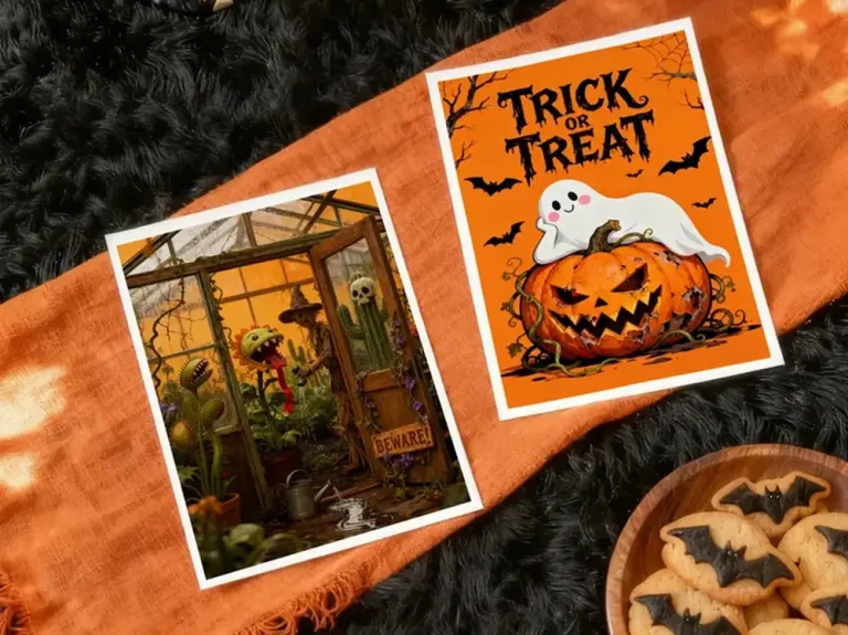 Halloween decorations art prints of Trick or Treat and Beware greenhouse displayed on orange cloth with cookies.
