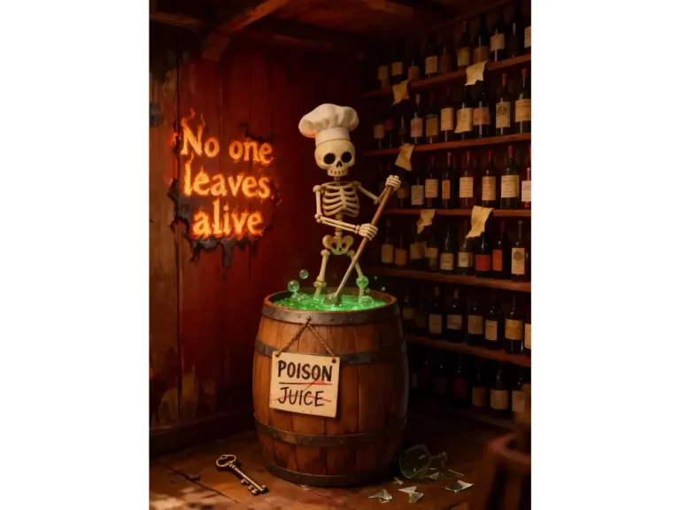 Skeleton chef halloween decorations art print with cauldron labelled Poison Juice and glowing green bubbles.
