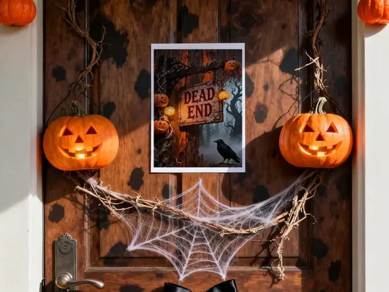 Dead End halloween decorations art print displayed on decorated wooden front door with pumpkins and cobweb.