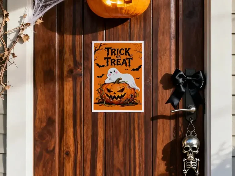 Trick or Treat Halloween decorations art print displayed on wooden door with black bow and skeleton charm.