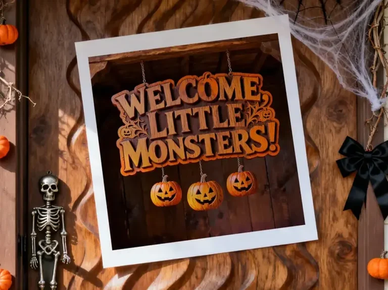 Welcome Little Monsters halloween decorations art print displayed on front door with skeleton and pumpkins.