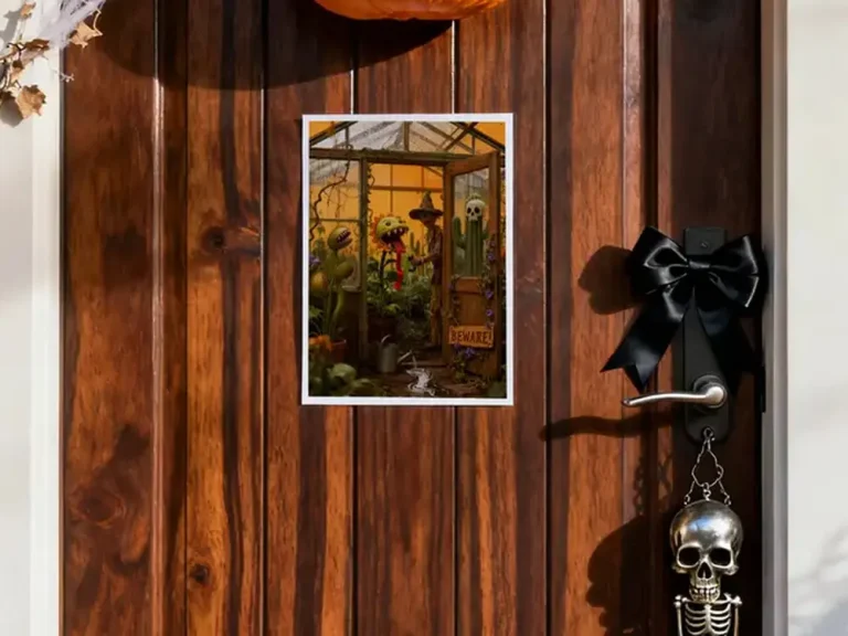 Haunted greenhouse Halloween decorations art print displayed on front door with pumpkins and cobwebs.