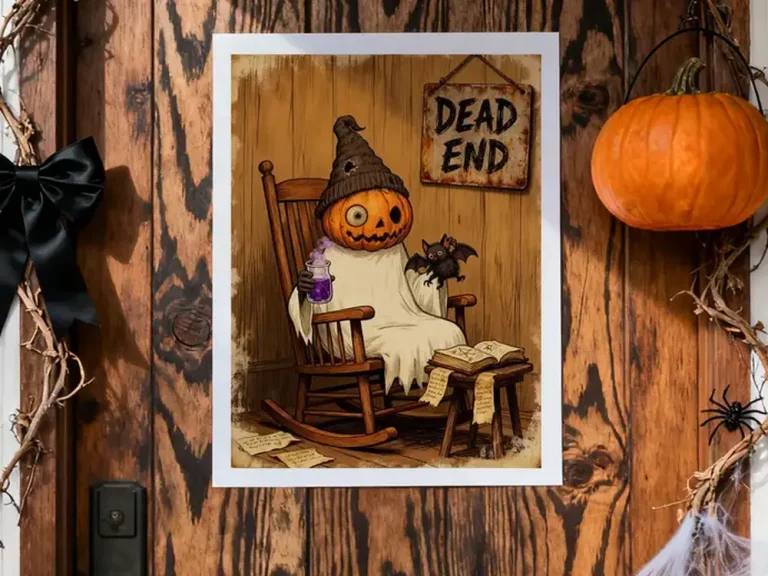 Dead End Halloween decorations art print displayed on rustic wooden door with cobwebs and skeleton décor.