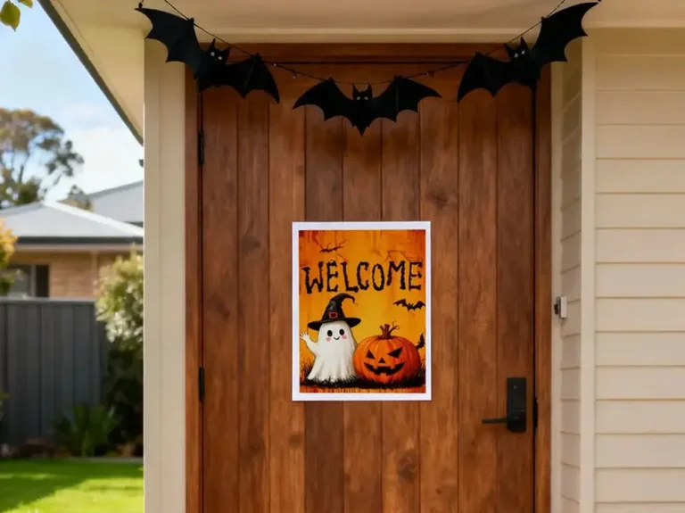 Welcome Halloween decorations art print displayed on wooden front door with pumpkins and bat garland.