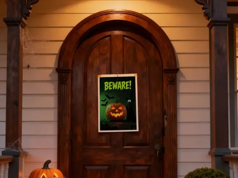 Beware Halloween decorations art print displayed on front porch with stacked pumpkins and warm lighting.