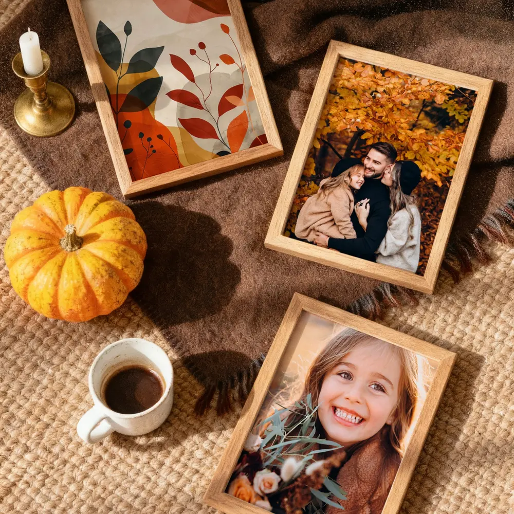 Autumn themed photo wall art flat lay with coffee cup