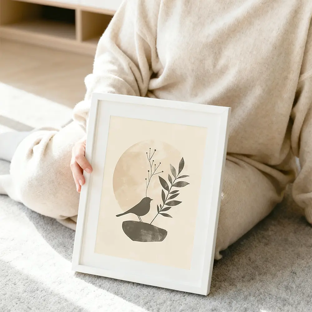 Minimal botanical wall print with neutral tones held by a woman sitting on the floor