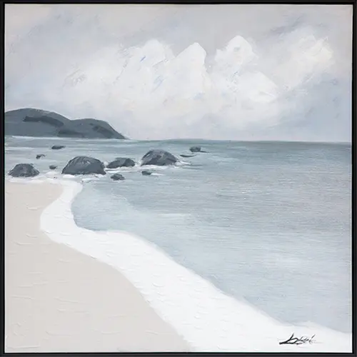 Coastal landscape wall art featuring a calm beach and cloudy sky in soft tones