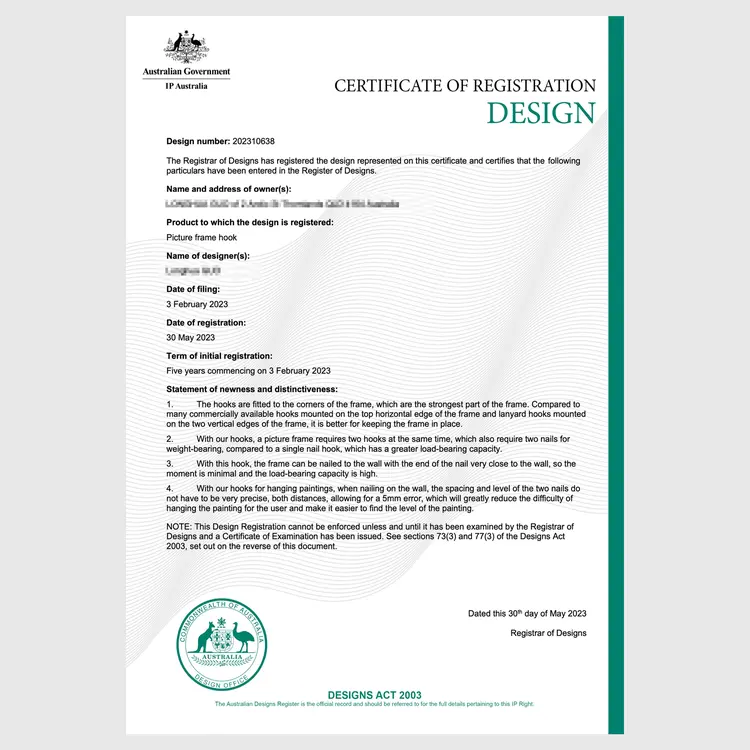 Australian patent certificate for VeeArt photo frame hook design innovation