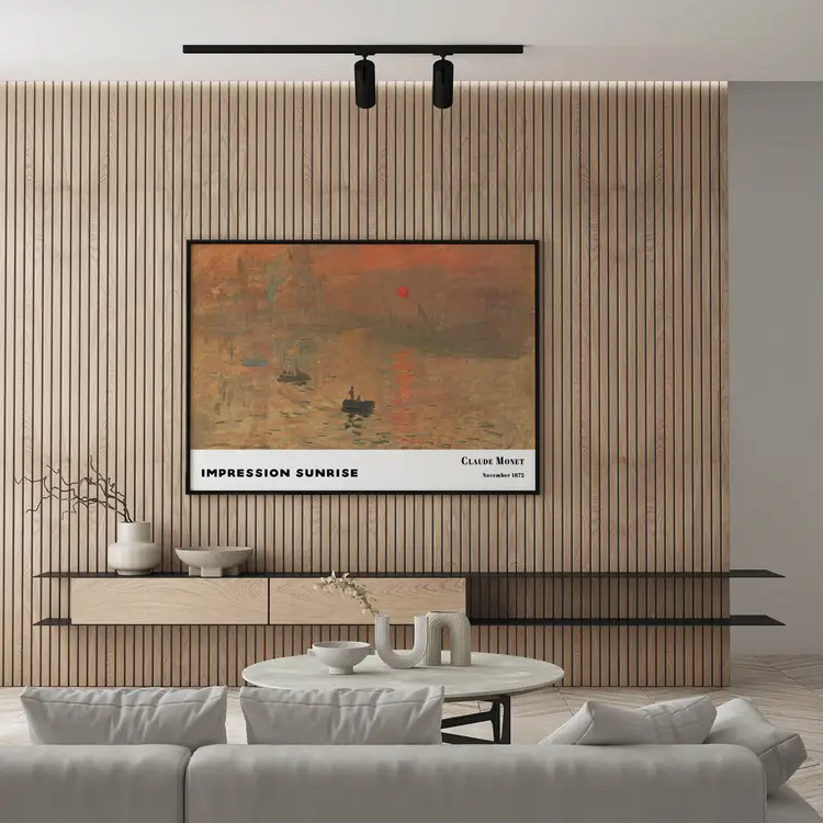 Warm-toned abstract art print in earthy orange shades styled on timber-panelled wall