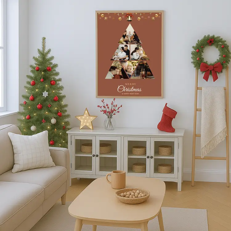Christmas themed photo frame collage displayed in cosy living room with festive decor