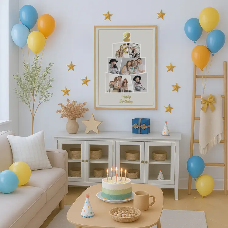 Birthday celebration photo frame collage decorated with balloons and star ornaments