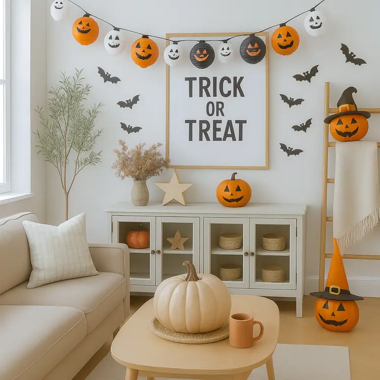 Halloween themed photo frame display with pumpkin decorations and festive styling