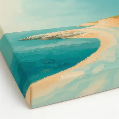 Coastal art print with turquoise ocean waves and sandy shoreline in modern minimalist style