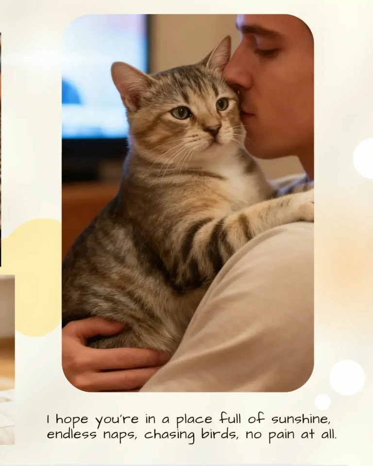 Pet memorial gifts collage photo of man kissing his cat with love.