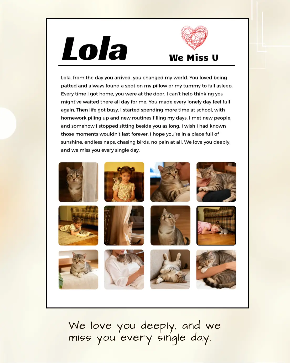 Pet memorial gifts collage featuring a beloved cat named Lola, designed as a custom remembrance photo art print by VeeArt.