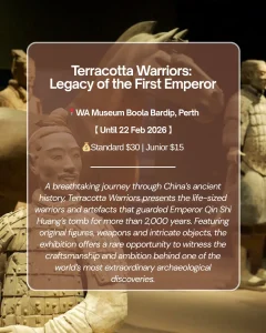 Terracotta Warriors exhibition at WA Museum Boola Bardip featuring life-sized ancient Chinese warriors — a Perth must-see cultural exhibition.