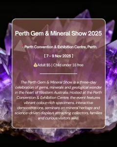Perth Gem & Mineral Show 2025 poster featuring purple crystals — a family-friendly Perth must-see event listed in What’s on Perth this November.