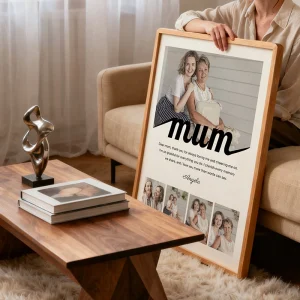 Large Beechwood framed art featuring a Mum collage displayed in a cosy living room
