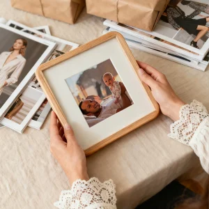 Beechwood photo frame with family picture held by hands on a table