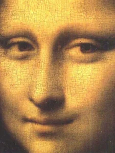 Close-up of the Mona Lisa’s face by Leonardo da Vinci