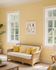Square abstract art print displayed above a rattan sofa in a bright, sunlit living area.