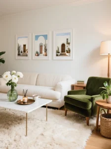 Coastal-style art prints framed in white and displayed as a set of three above a modern living room sofa.