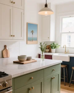 Coastal palm tree art print in a timber frame styled in a light-filled Australian kitchen.
