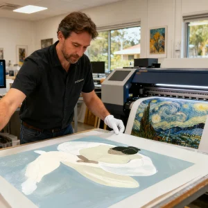 Technician aligning a textured abstract art print during professional digital printing