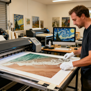 Technician reviewing a coastal art print during museum-grade digital printing in Australia