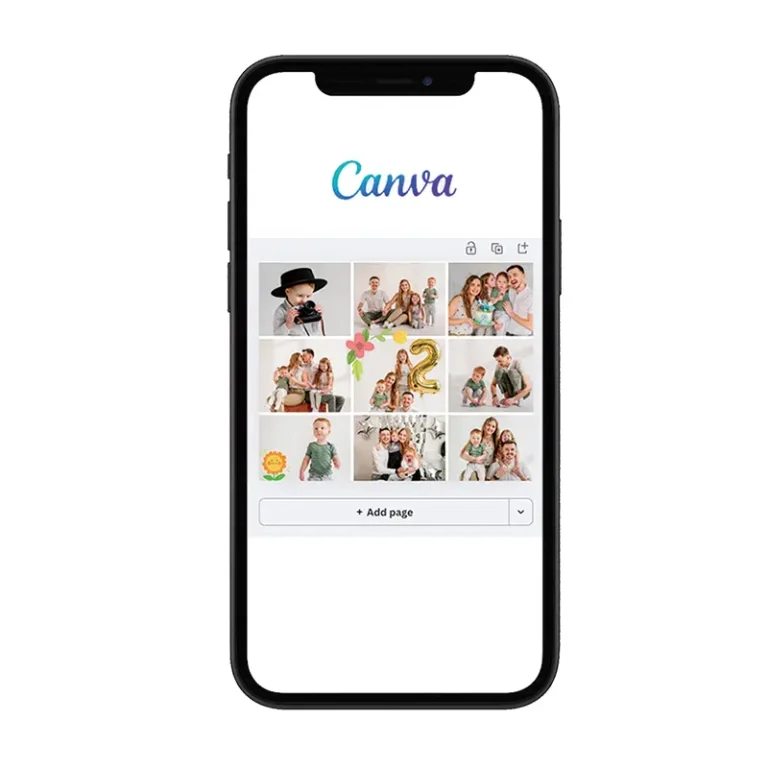 Mobile view of Canva photo collage editor with a family grid layout