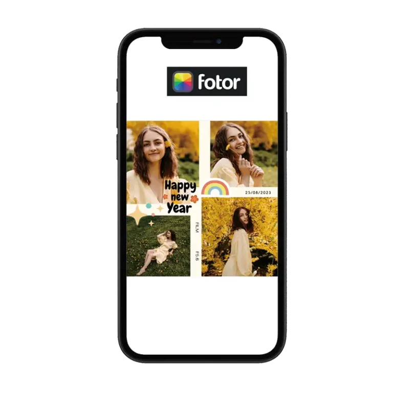 Fotor collage templates on phone with 4-tile layout and stickers