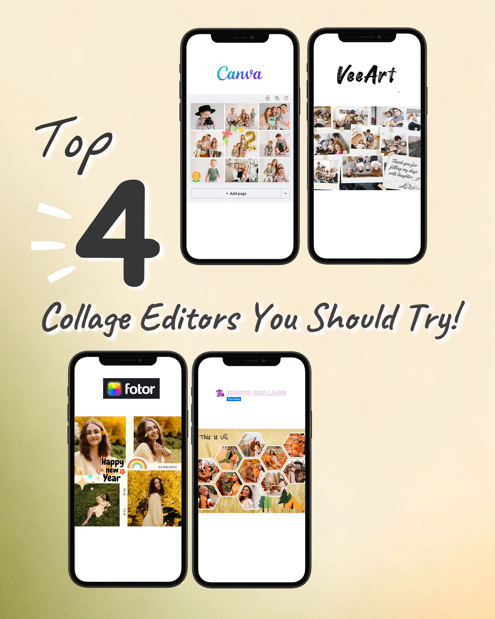 Top 4 online collage makers Australia: Canva, VeeArt, Fotor and Photo Collage shown on mobile previews