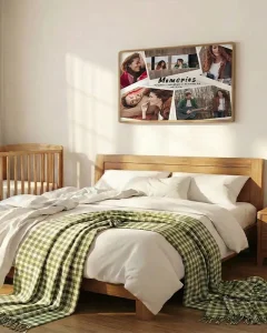 Personalised photo collage print displayed in a wooden frame above a cosy bedroom