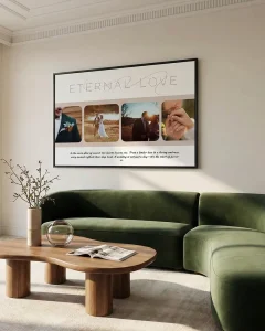 Framed wedding photo collage printed and displayed in a modern wooden frame