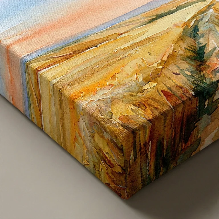 Close-up of a stretched canvas artwork showing textured fibres and painted detail.