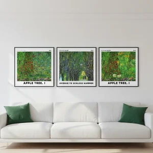 Three square Canvas Prints Australia by VeeArt displayed as a triptych over a white sofa.