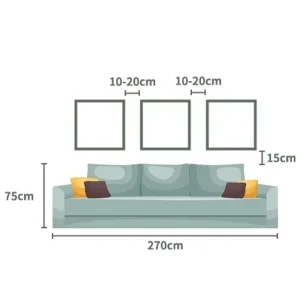 Spacing guide for three square wall art for living room pieces above a 270cm wide sofa.