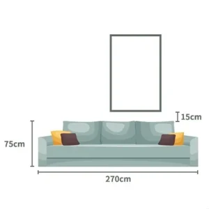 Hanging diagram for a single vertical extra large wall art Australia piece over a standard sofa.
