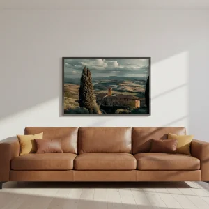 Horizontal landscape extra large wall art Australia above a tan leather sofa by VeeArt.