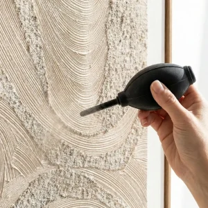 Using a black manual air blower to remove dust from the deep crevices of a neutral plaster textured wall art.