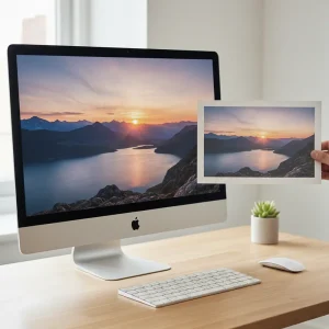 A comparison demonstrating precise colour accuracy between a landscape image displayed on a monitor and a fine art printing held next to it.