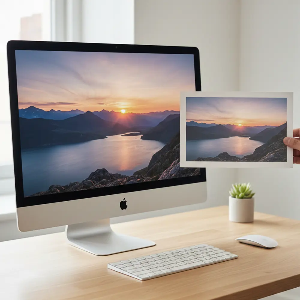 A comparison demonstrating precise colour accuracy between a landscape image displayed on a monitor and a fine art printing held next to it.