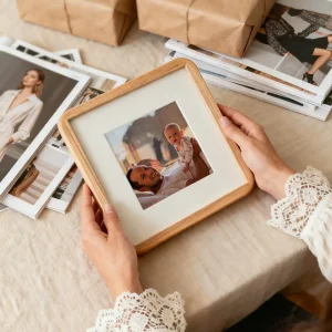 Hands holding a square timber photo frame with a father and baby portrait