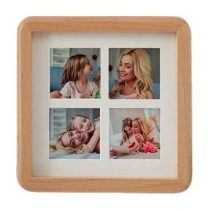 Four-grid collage of mother and daughter photos in a timber frame