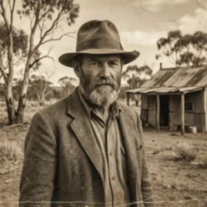Vintage damaged photograph of an older man standing outside a rural home