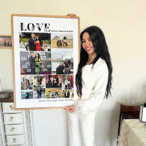 Woman holding a large custom photo collage framed in a VeeArt magnetic frame